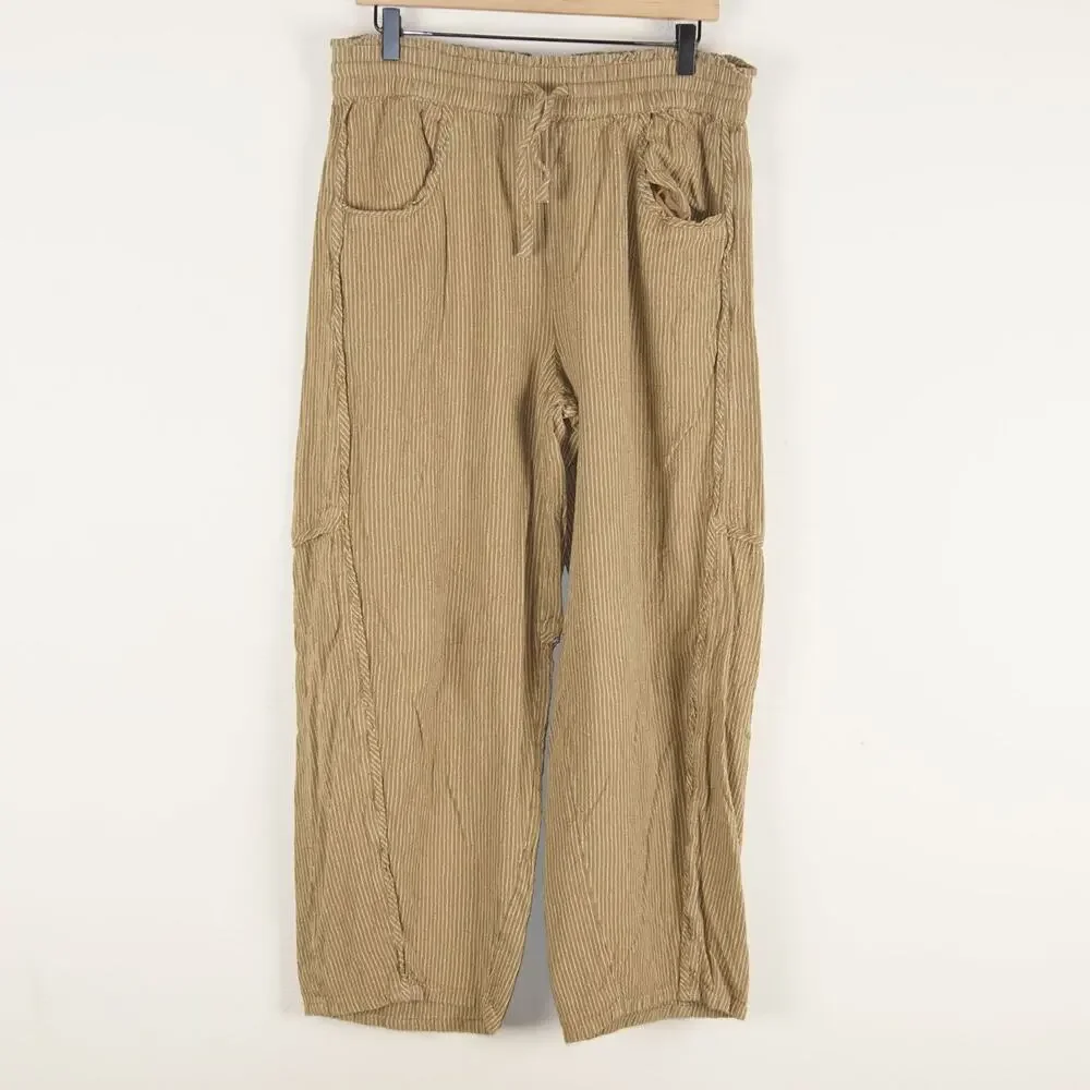 Free People Something Good Leaf Green Striped Cotton Pull On Barrel Leg Pants L